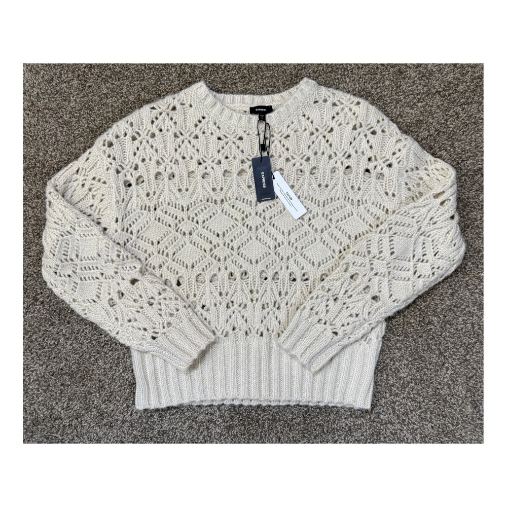 Express Sweater Womens XS Cream Gold Metallic Pointelle Open Knit Holiday Boho